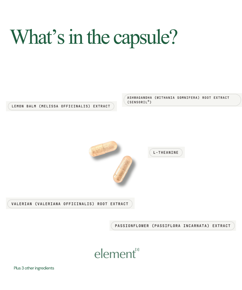 An informational graphic titled 'What's in the capsule?' on a white background, showing two beige capsules with labels pointing to lemon balm, ashwagandha, L-theanine, valerian, and passionflower extracts. The brand name 'element' appears at the bottom.