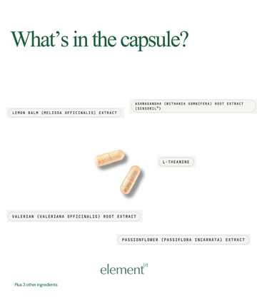 An informational graphic titled 'What's in the capsule?' on a white background, showing two beige capsules with labels pointing to lemon balm, ashwagandha, L-theanine, valerian, and passionflower extracts. The brand name 'element' appears at the bottom.