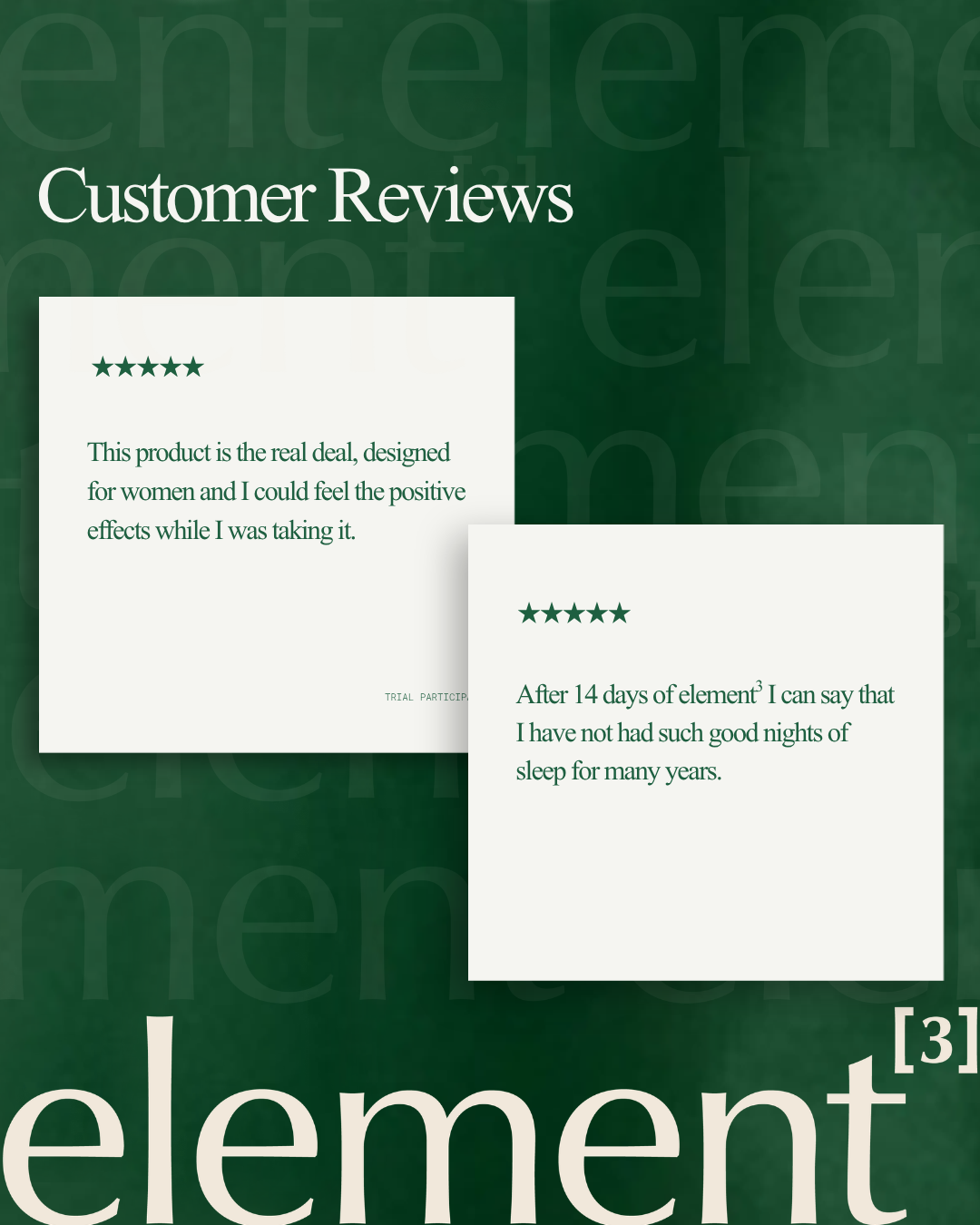 A promotional graphic with a dark green background and the heading 'Customer Reviews.' Two white review cards with star ratings and text are shown, along with the brand name 'element' at the bottom.