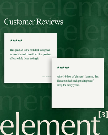 A promotional graphic with a dark green background and the heading 'Customer Reviews.' Two white review cards with star ratings and text are shown, along with the brand name 'element' at the bottom.