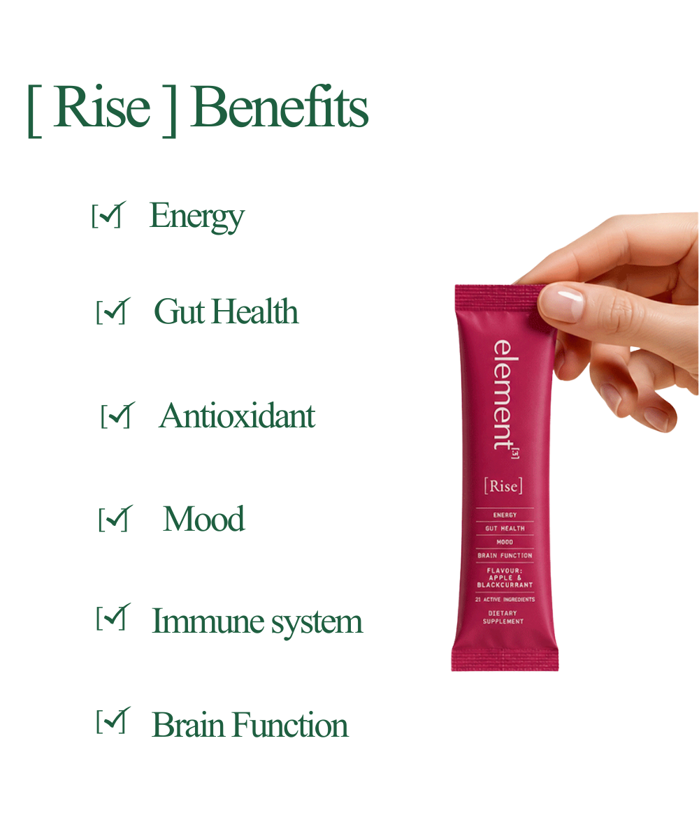 A hand holds a single pink Element 365 [Rise] dietary supplement stick packet against a white background, next to a green text list titled '[ Rise ] Benefits' with checked items for Energy, Gut Health, Antioxidant, Mood, Immune system, and Brain Function.
