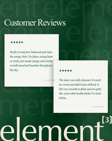 A promotional graphic with the heading 'Customer Reviews' on a dark green background, showing two white review cards with star ratings and text testimonials. The word 'element' appears at the bottom.