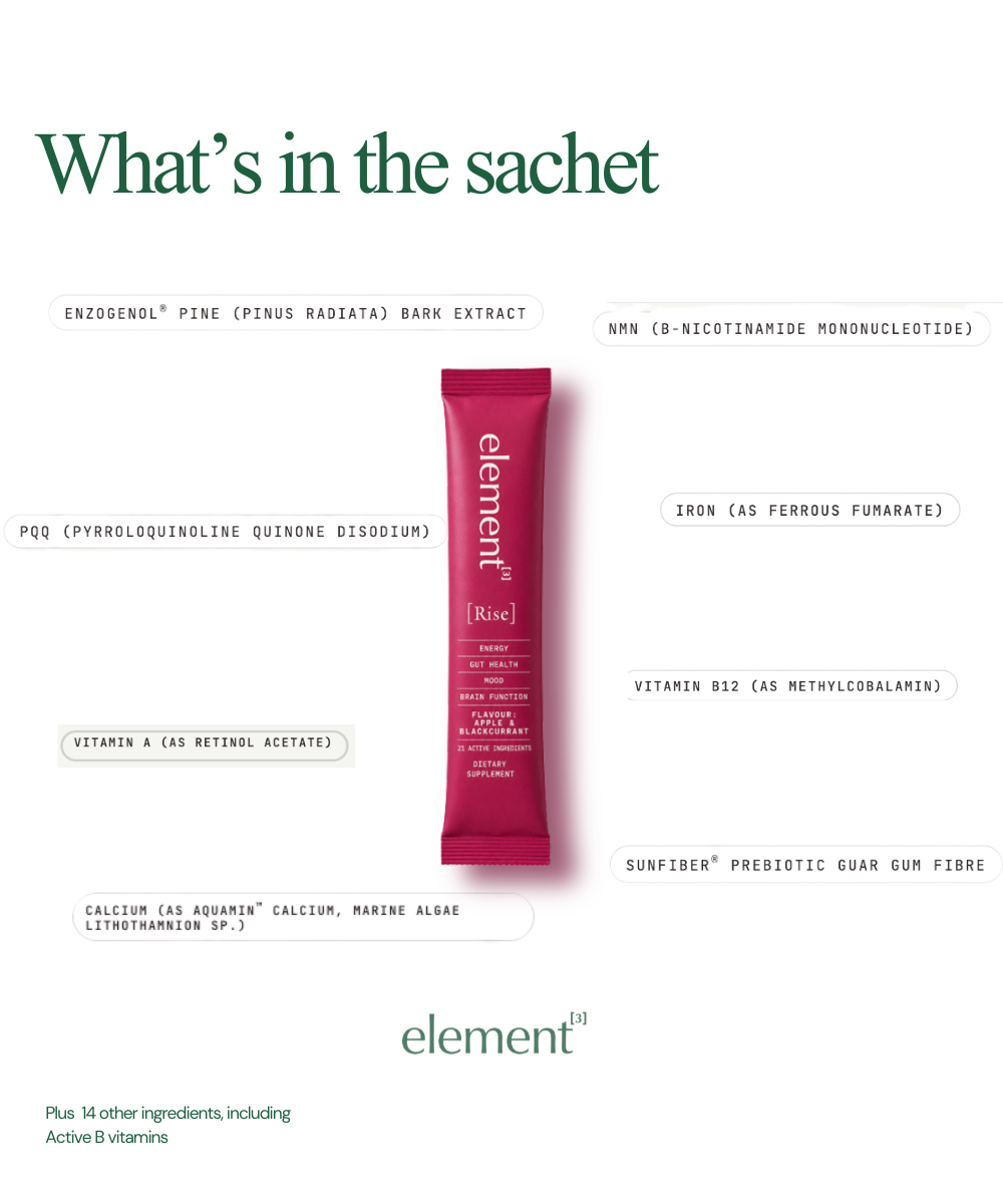 An informational product graphic for the element Rose sachet, showing a single pink sachet centered on a white background with surrounding text detailing its ingredients.