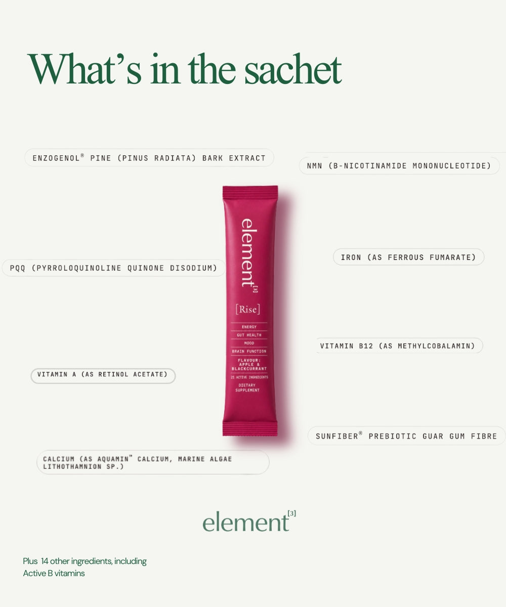 Pink sachet of element3 Rise with a list of ingredients on a white background.