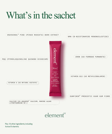 Pink sachet of element3 Rise with a list of ingredients on a white background.