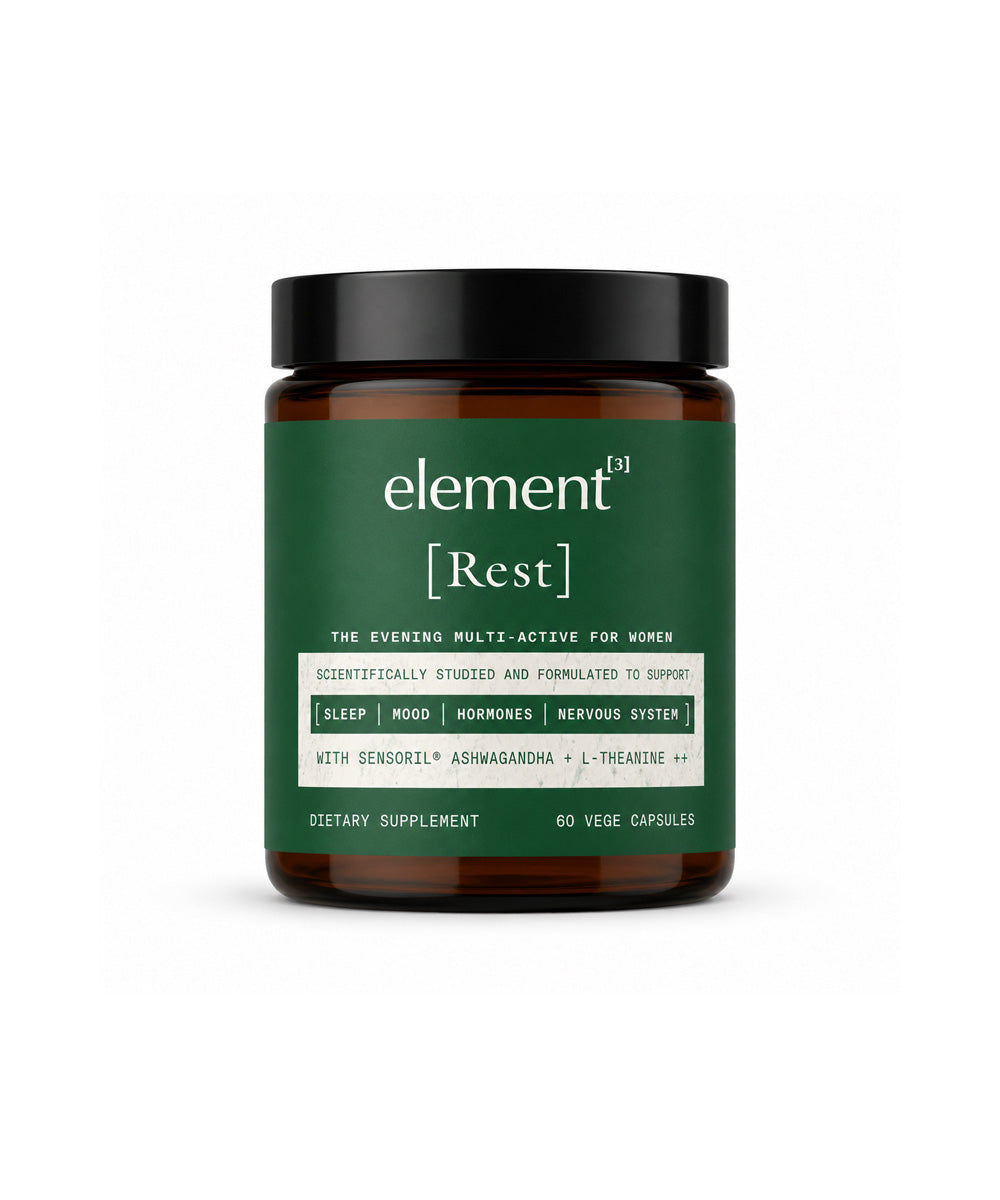 Studio product image of element³ REST, a women’s evening multi-active supplement formulated to support sleep quality, hormone balance and adrenal health. Features 9 active ingredients including magnesium glycinate, Sensoril® ashwagandha and L-theanine. 60 vege capsules designed for women 35+ in New Zealand.