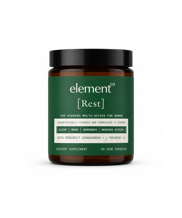 Studio product image of element³ REST, a women’s evening multi-active supplement formulated to support sleep quality, hormone balance and adrenal health. Features 9 active ingredients including magnesium glycinate, Sensoril® ashwagandha and L-theanine. 60 vege capsules designed for women 35+ in New Zealand.