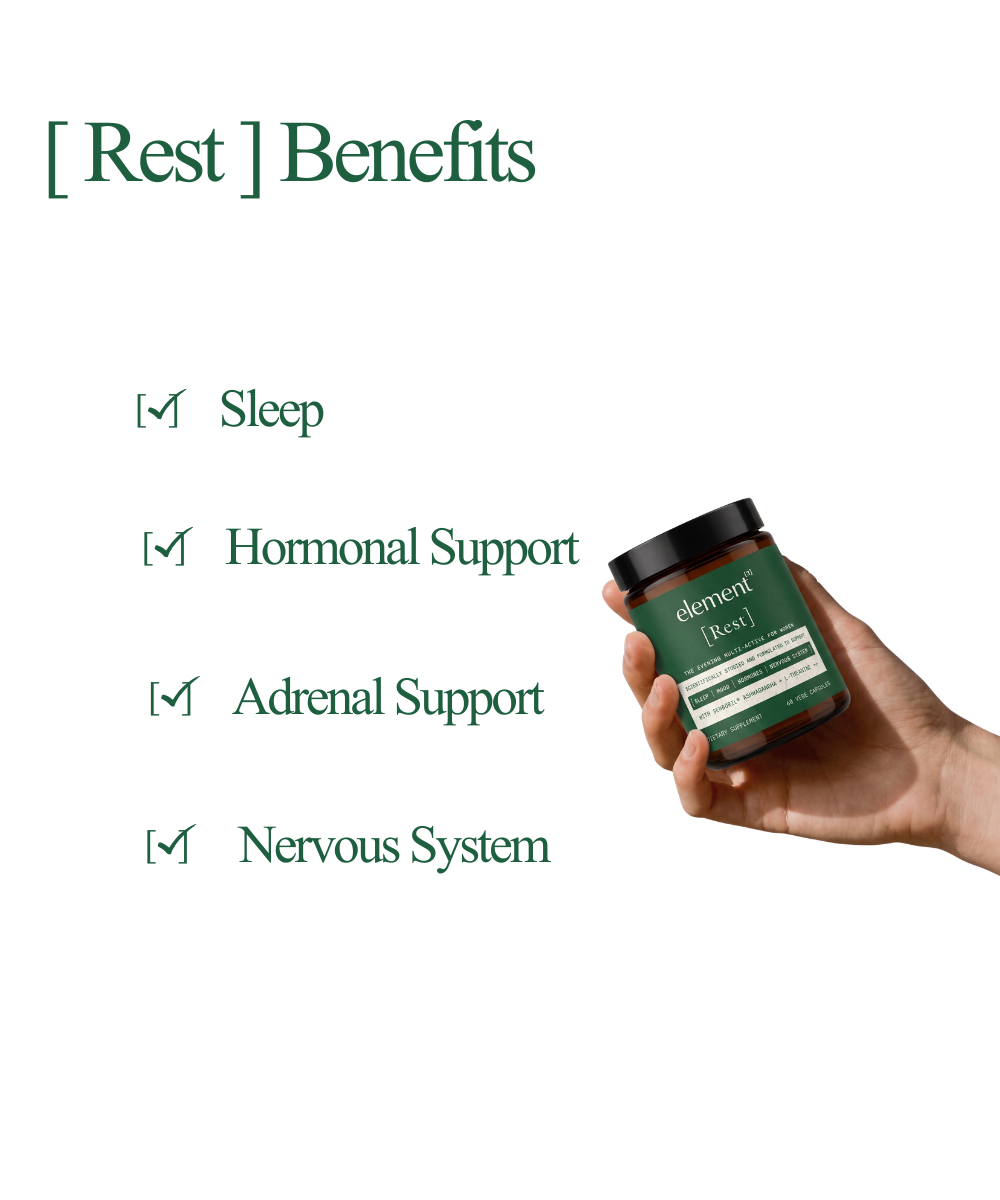 A hand holds a small dark jar labeled 'element [rest]' against a light cream background with green text listing benefits: sleep, hormonal support, adrenal support, and nervous system.